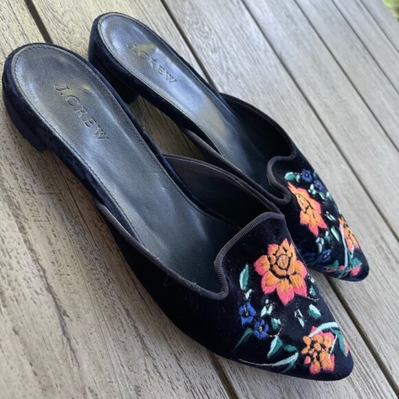 J Crew Floral Embroidered Black Velvet Mules Womens Size 75 - Picture 4 of 7